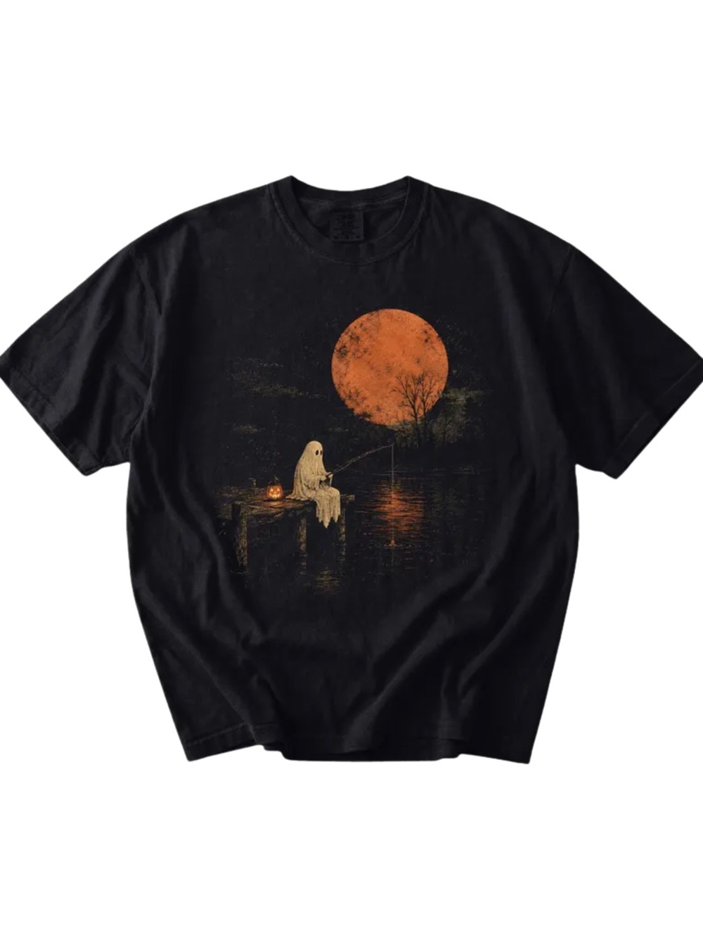 Gildan Black Tee with Orange Moon and Cream Ghost Graphic